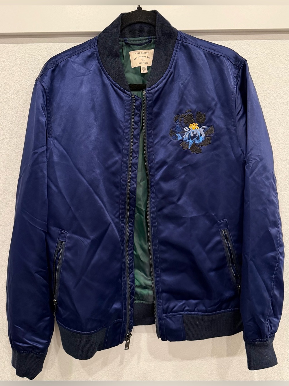 Club Monaco Deep Blue Satin Bomber with Floral Embroidery